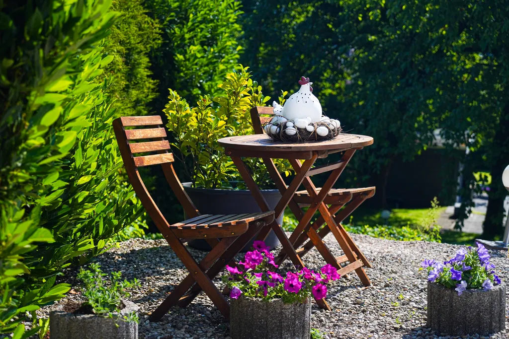Idyllic wooden seating in the garden.